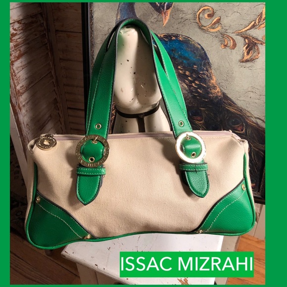 Issac Mizrahi Handbags - ISSAC MIZRAHI OATMEAL CANVAS/LIME LEATHER SATCHEL